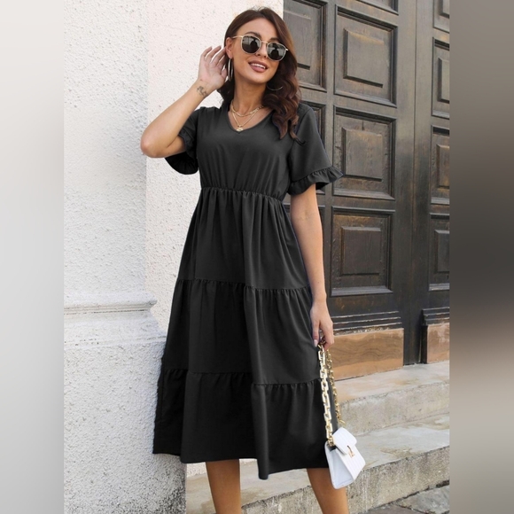 Lovely Rosetta Dresses & Skirts - Black Ruffle Sleeve Midi Dress